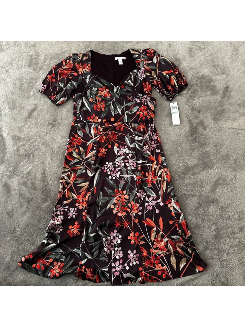 NWT London Times Satin Floral Midi Dress Women's 8 Burgundy Orange Pinup